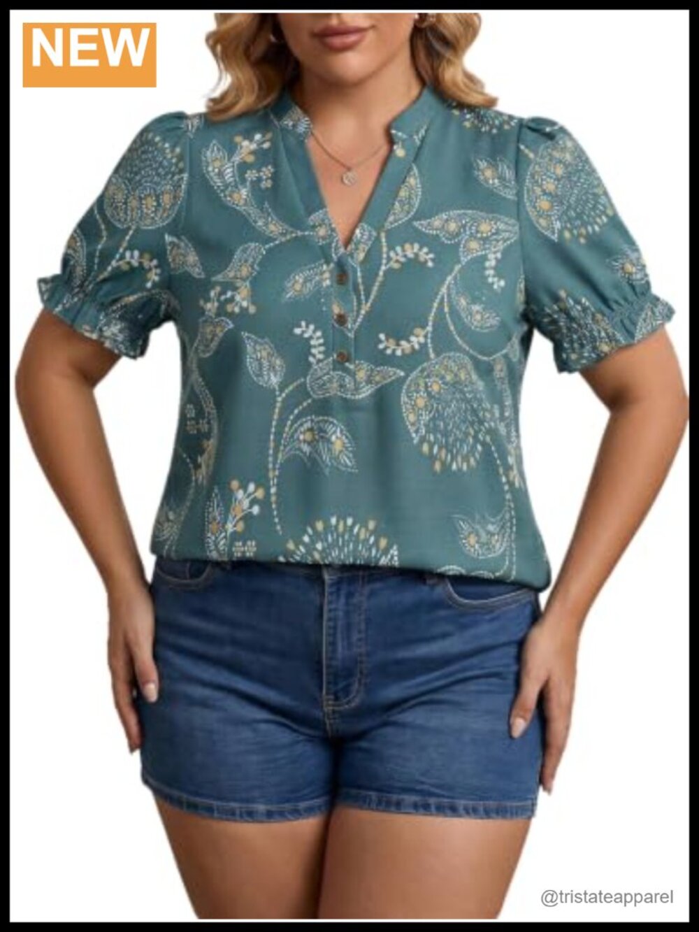 Plus Size Boho Print Puff Sleeve Button Front Blouse